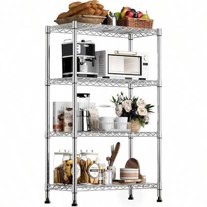 MZG Chrome 4-Tier Heavy Duty Metal Storage Shelving Unit 454kg Capacity Adjustable Wire Organizer Rack For Home Kitchen Office Or Garage 35L X 60W X 135H Cm