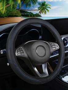 1pc Non-Slip Leather Embossed Steering Wheel Cover, Comfortable Soft Auto Accessory Fits 14.5-15 Inch - Blue - View 1
