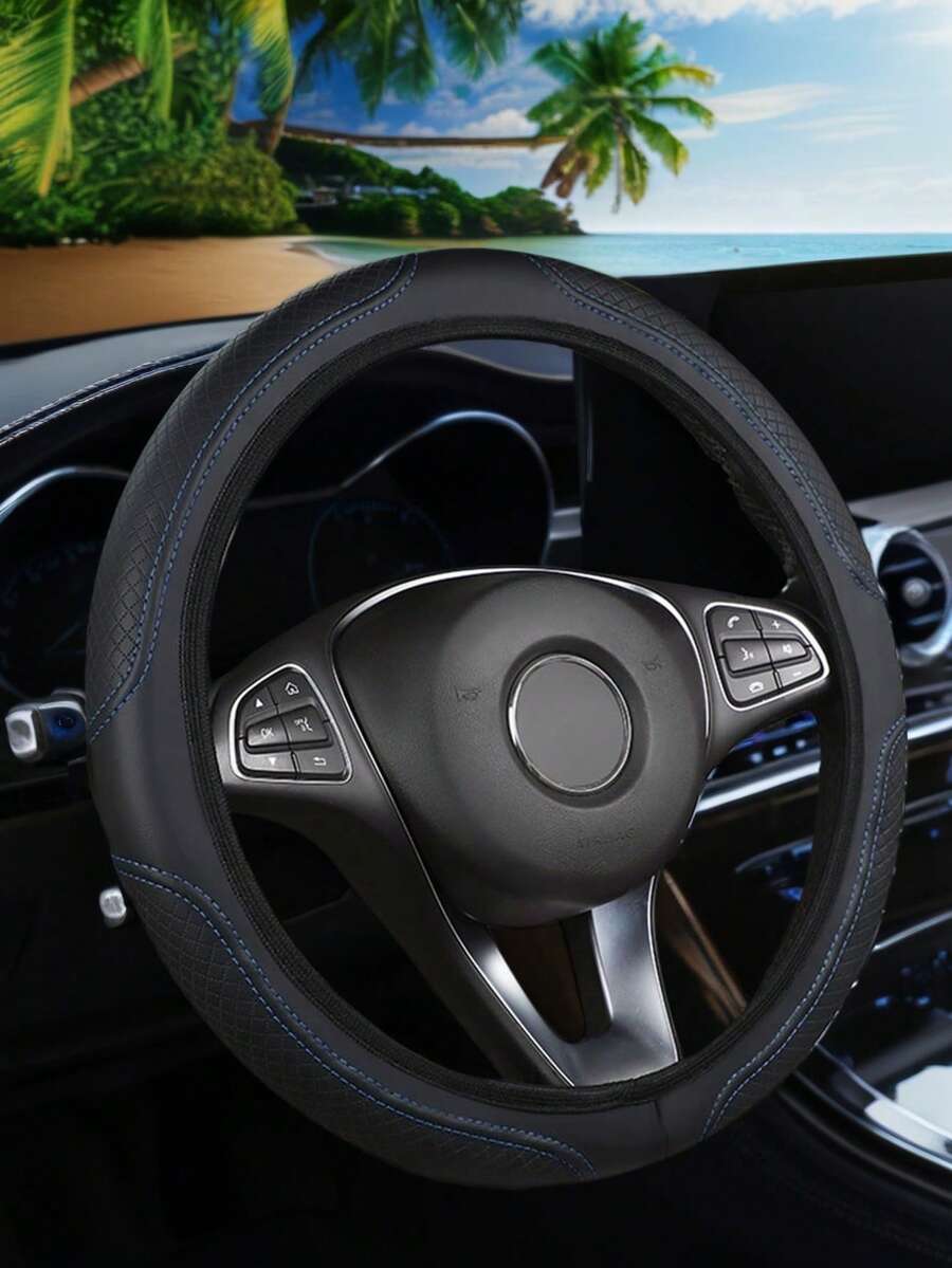 1pc Non-Slip Leather Embossed Steering Wheel Cover, Comfortable Soft Auto Accessory Fits 14.5-15 Inch - Blue - View 1
