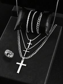 7pcs/Set ,3pcs/Set ,2pcs/Set Men's Cross Pendant Necklace, Hollow Chain Bracelet, And Ring Set, Stainless Steel, Non-Allergenic, Non-Fading, Sports, Business, Luxury Casual Gifts - Multicolor - View 22