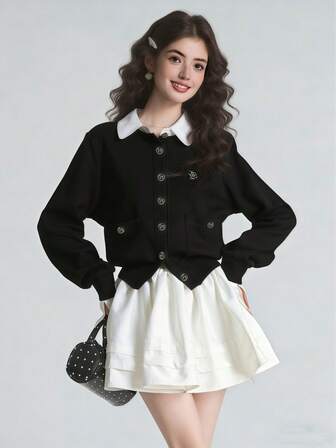 1pc Vintage Preppy Style Patchwork Cardigan Top + Pleated Contrast Color Mini Skirt 2-Piece Set, Suitable For Photography, Graduation, Daily Wear, Valentine's Day