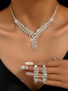 Women's Teardrop Rhinestone Necklace & Earrings Set - Glam Party Wedding Jewelry
