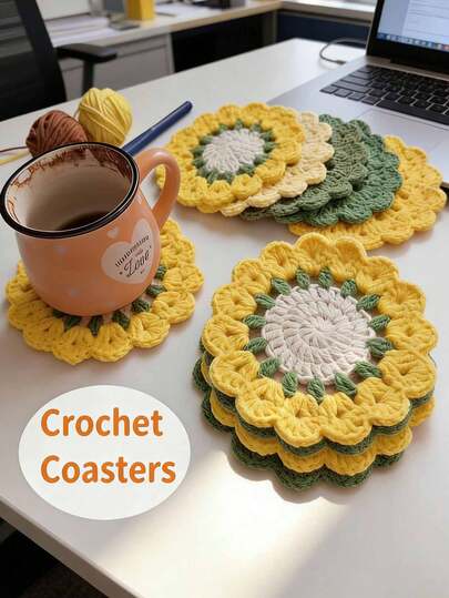 3pcs, Handmade Cute Coasters, Funny Pink Flower Coasters, Crochet Coaster Set For Drinks With Flowerpot Holder, Fun Soft Decorative Coasters Housewarming For New Home Bar Desk