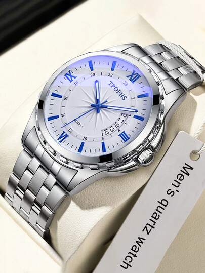 1pc Circular Calendar Luminous Quartz Stainless Steel Band Casual Business Men's Watch