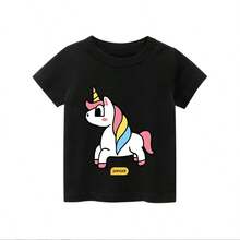 Nuevas blusas para niñas, cómodas camisetas informales con estampado de unicornio, adecuadas para niñas. - Negro - Ver 2
