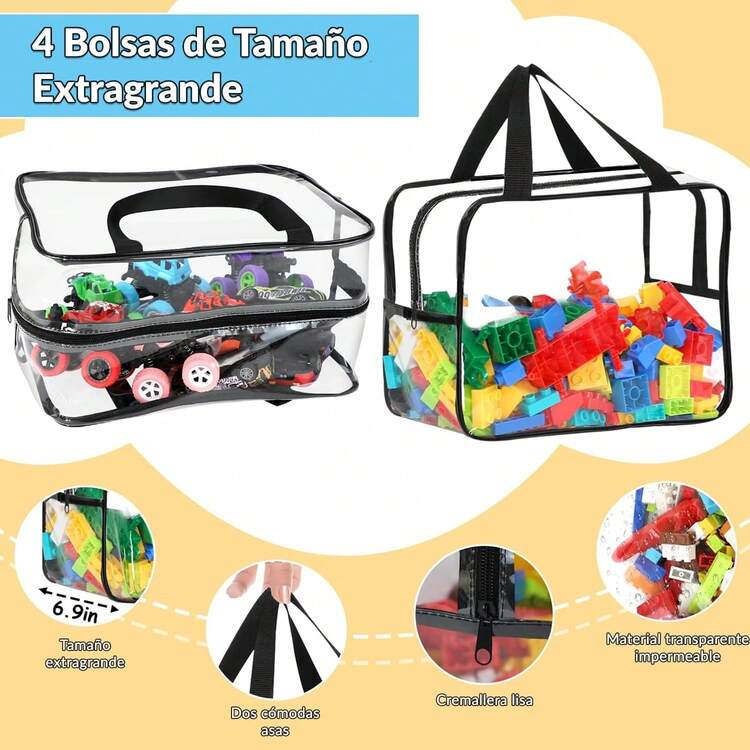2 Paquetes de Bolsas Transparentes de PVC XL para Juguetes, Bloques de Construcció, Rompecabezas y Libros para Niños - Apilables, Portátiles y Resistentes a los Olores - Negro - Añade 5