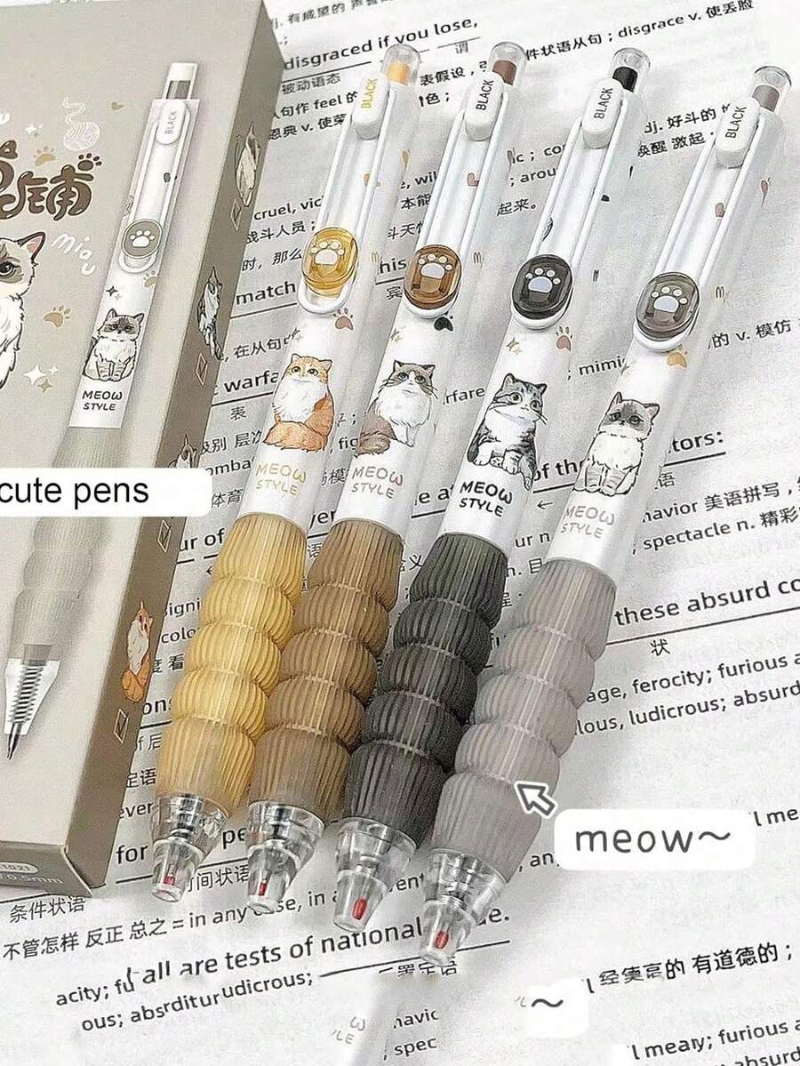 4pcs Cute Cat Theme Gel Pens - 0.5mm Fine Tip, Quick-Dry Black Ink - Stylish & Fun Retractable Pens, Suitable For Office, School And Home Use, Writing Pens, School Supplies, Back To School Season - Kitten - View 1