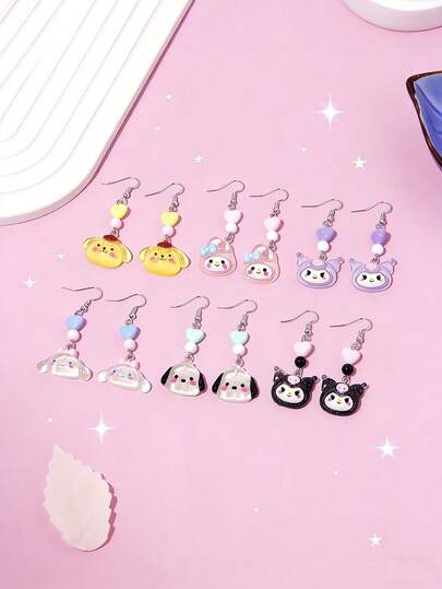 SANRIO 6 pares/set de aretes con personajes de , aretes colgantes lindos de , , , , , adecuados para fiestas, escuela, regalo de cumpleaños para niñas