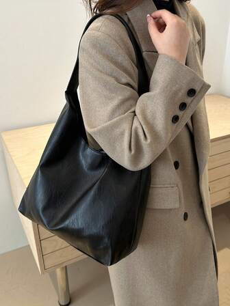 1 Set Bolso de mano vintage negro de moda casual para mujer, bolso de hombro de cuero suave de gran capacidad, de piel de PU, adecuado para uso diario, ir al trabajo, escuela, estudiantes universitarios