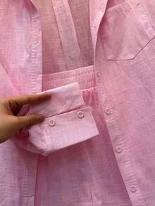 Two-Piece Linen Shirt And Shorts Set, Lined With Elastic. Summer Vacation: Perfect For Celebrating Christmas, New Year's Eve And New Year In Brazil! - 淺粉色 - 查看 4