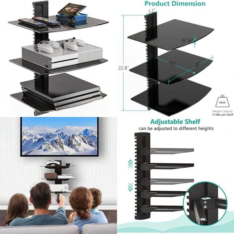 WALI Estantes Flotantes de Pared para TV, Soporta Hasta 8KG, Estante para TV con Cristales Templados Reforzados para Reproductores de DVD Cajas de Cables Consolas de Juegos (CS202B), 2 Estantes, Negro(3 Estantes) - Multicolor - Ver 1