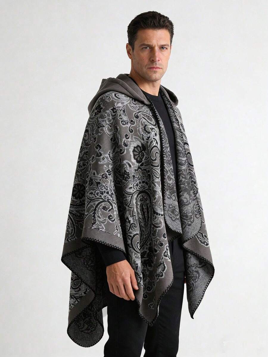 1件男士佩斯利花纹休闲简约连帽斗篷/披肩围巾，百搭日常穿着 - 彩色 - 查看 1