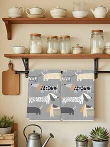 2Pcs Vintage Gray Dachshund Kitchen Towels - Soft Polyester, Hand & Tea Towel Set For Holiday Decor And Housewarming Gifts - Grey - View 1