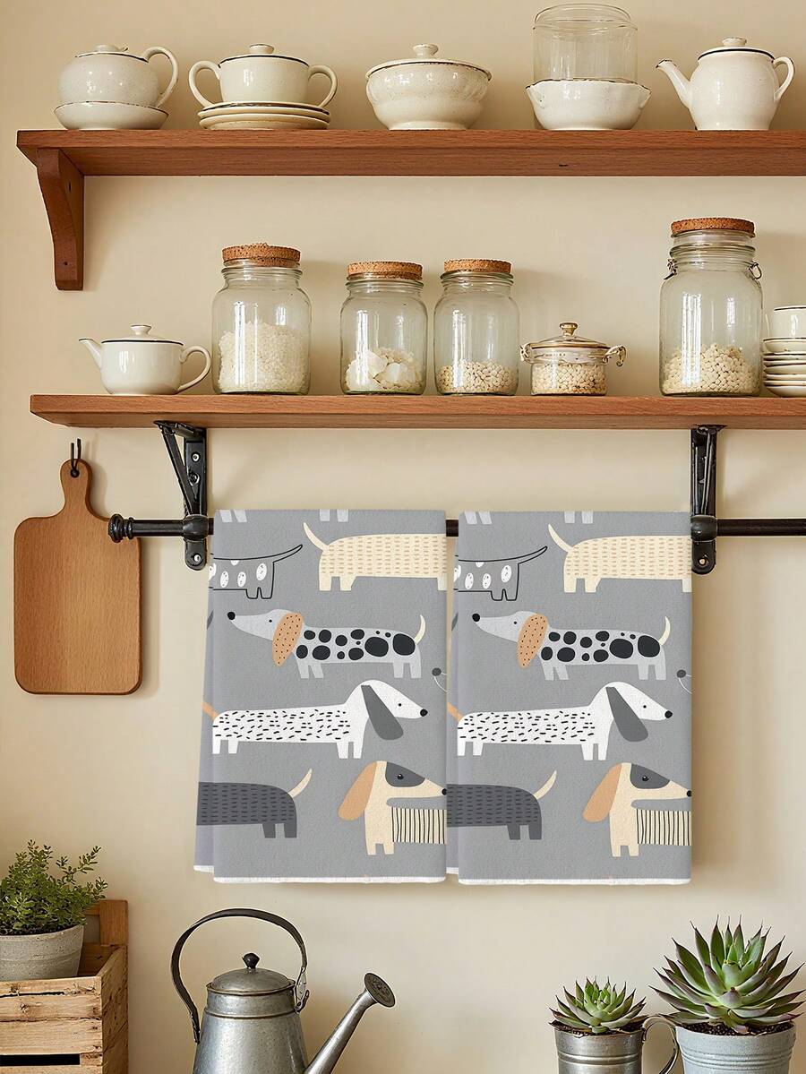 2Pcs Vintage Gray Dachshund Kitchen Towels - Soft Polyester, Hand & Tea Towel Set For Holiday Decor And Housewarming Gifts - Grey - View 1