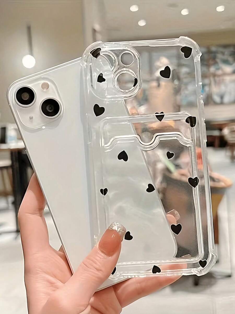 1 st. transparent personligt svart hjärta minimalistiskt heltäckande TPU stötsäkert telefonskal kompatibelt med 17, 16, 15, 14, 13, 12, 11 Pro Max, Air och Series - Multifärgad - Visa 1