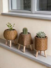 1pc Minimalist Flower Stand, Wooden Floor-Standing Planter Rack For Living Room, Balcony, Rattan Decor, Lightweight Luxury Flower Pot Holder - Multicolor - View 2