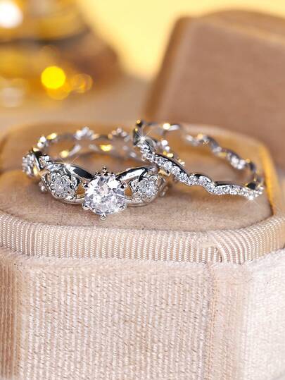 2 pièces, bague ronde élégante en zircone synthétique blanche et design de fleur rose, plaquée or blanc, convient pour la Saint-Valentin, les fêtes, le port quotidien, toutes les saisons