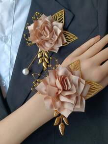 1 Wrist Corsage + 1 Champagne Rose Flower Brooch, Artificial Flower Decoration For Wedding Bride, Groom, Bridesmaid, Groomsman, Party, Daily Wear - A - View 2