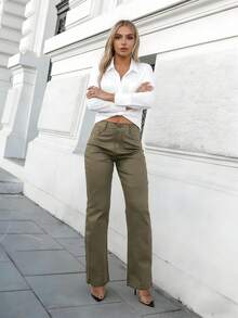 Women's Fleece-Lined Straight-Leg Pants, Winter Fleece-Lined Pants, Stretchy And Comfortable Faux PU Fleece Lining. High-Waisted Faux Leather Straight-Leg Pants. High Waist Enhances Proportion, Straight Leg Flatters Legs, Faux Leather Offers Structure And Texture. - Khaki - View 3