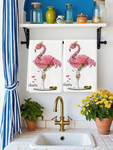 2Pcs Microfiber Cute Tea Towel Pink Flamingo Martini Glass Cheers Pattern Hand Towels For Coffee Bar & Everyday Use - Rose Red - View 3