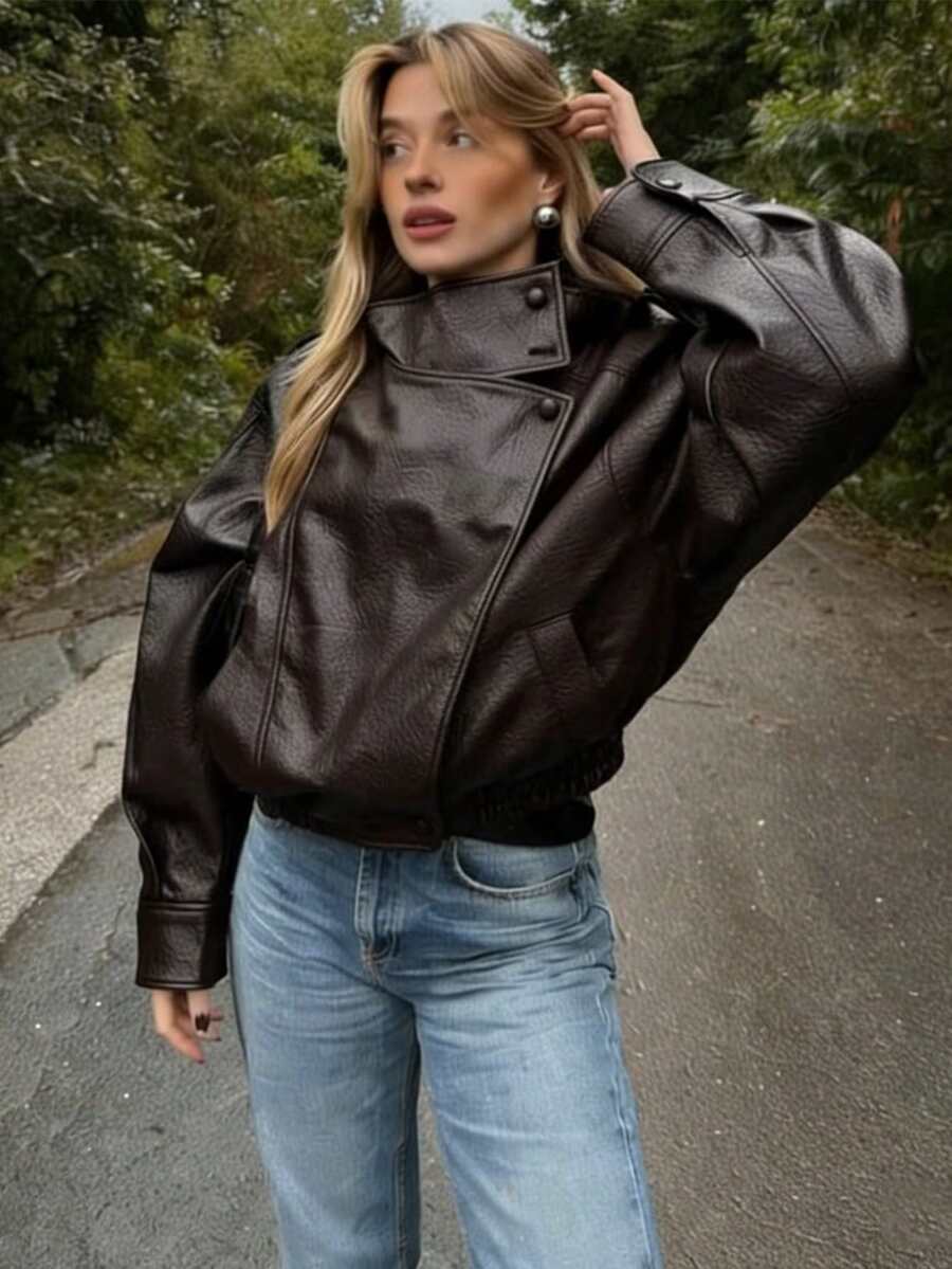 女士立领PU皮夹克，时尚优雅长袖休闲拉链外套 - 棕色 - 查看 1