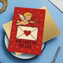 1pc Cupid With Heart Envelope You Light Up My Life Card Greeting Card Romantic Red Love Design With Angel Archer Illustration Perfect Valentine Expression Of Affection, Great For Friends, Lovers, Partners, Colleagues, Spouses, Special Someone