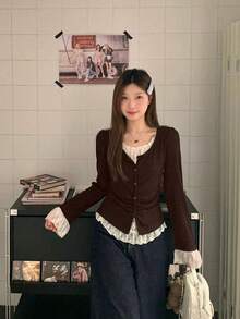 Áo lót/áo thun 2 trong 1 kiểu Hàn Quốc thanh lịch, nhẹ nhàng, rộng rãi, thoải mái cho mùa xuân/thu mới, dành cho nữ. - Cà phê nâu - Xem 4