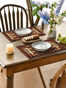 4 件装亚麻质感餐垫 - 波西米亚艺术设计，可手洗，长方形餐桌垫，适用于家居和厨房装饰，隔热