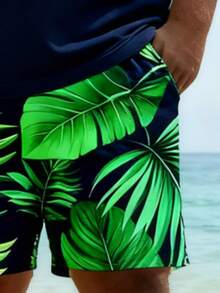 Plus Size Men Palm Tree Print Vacation Short Sleeve Set Plus Size Green Plant Print 2-Piece Set, Casual And Workout Drawstring Suit, Summer - Multicolor - View 8