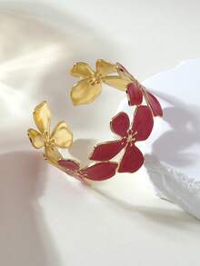 VceTd 1 pieza Brazalete de mujer con diseño floral 3D asimétrico minimalista, brazalete abierto de acero inoxidable con esmalte multicolor, adecuado para uso diario, fiestas, galas, bodas, regalo del Día de San Valentín - Amarillo Oro - Ver 6