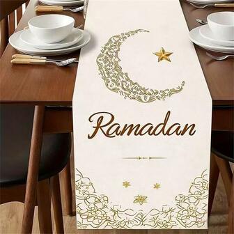 Set van één tafelloper met Ramadan-thema, elegant en eenvoudig Ramadan-ontwerp met gouden maan, sterren en halve manen, duurzaam rechthoekig polyester tafelkleed, geschikt voor keuken, eetkamer, feestjes en huisdecoratie, decoratie voor landelijke festivals, verkrijgbaar in verschillende maten, ideaal als cadeau.