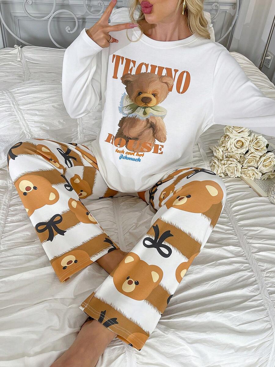 2pcs Women's Casual Bear Print Pajama Set, Striped White Long Sleeve Top And Long Pants - White - View 1