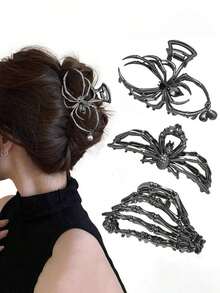 1pc Women's Solid Color Y2K Sweet Cool Style Personalized Skull Spider Claw Rhinestone Faux Pearl Alloy Metal Large Hair Clip, Suitable For Festival And Daily Use Hair Clips Hair Jaw Clip Hair Clamps Hair Clutch Hair Catcher Clip, Halloween Accessories, School Stuff, College, Pearl Hair Accessories Fall Winter Claw Clip For Vacation Outfits Woman - 3件套黑色 - 查看 7
