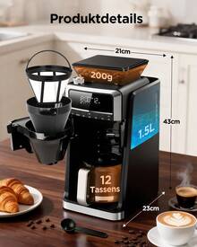 Aigostar Kaffeemaschine mit Mahlwerk 1400W filterkaffeemaschine 7 Mahlgrade 3 Brühstärken 1,5 Liter Coffee Machine 2-12 Tassen 24H Timer Warmhaltefunktion Schwarz für frischen Kaffeegenuss - EU E-Typ Stecker (220-240V) - Übersicht 10