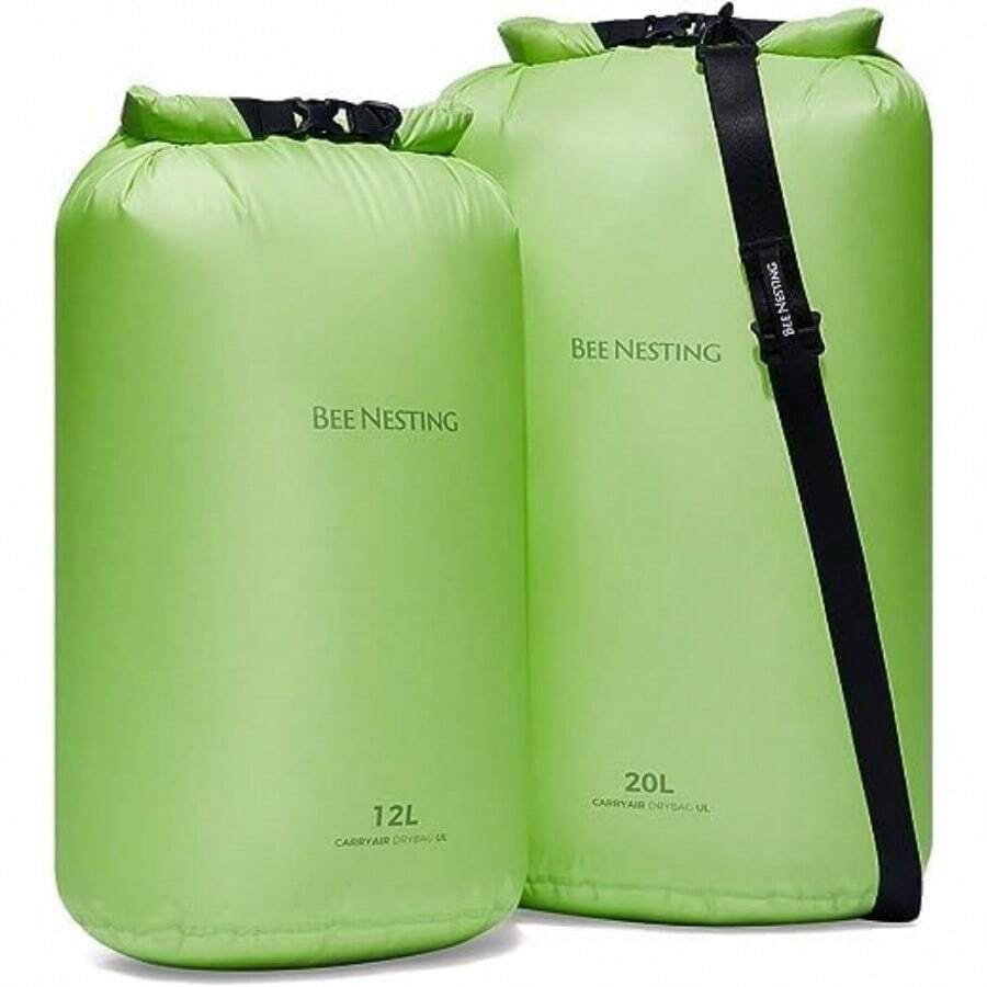 BEE NESTING Ultralight Dry Bag Large 3 Piece Set - Waterproof Siliconized Dry Sack Accessory For Lightweight Travel Boating Kayaking Camping Swimming 12L 20L And Shoulder Strap 3 Pack - Green - View 1