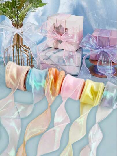 4cm Width 10/50 Yards Rainbow Organza Ribbon, Transparent Wide Craft Ribbon Suitable For Flowers, Bouquets, Wreaths, Weddings, Birthday Parties, Valentine's Day Gifts, Hair Accessories, Decorations, Etc.