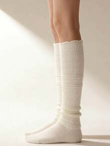 1双复古镂空白色绒面羊毛袜，女士冬季羊毛小腿袜，保暖蕾丝长袜，适合日常穿着 - 拼接菱格小腿襪 - 查看 11