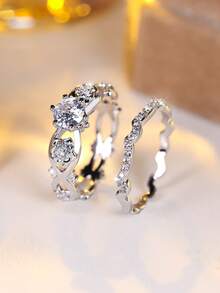 两件套，优雅圆形切割白色合成锆石和玫瑰花设计白色镀金戒指，适合情人节、派对、日常佩戴，四季皆宜。 - 白色 - 查看 3