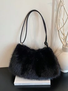 秋冬可爱毛绒云朵手提包，新款时尚女士通勤托特包，单肩包或斜挎包 - 黑色 - 查看 11