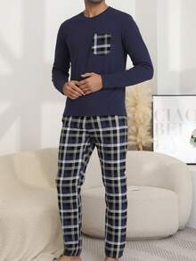 男士格子印花圆领长袖上衣和裤子两件套睡衣，休闲舒适，适合春秋季和冬季穿着。 - 藏蓝色 - 查看 6