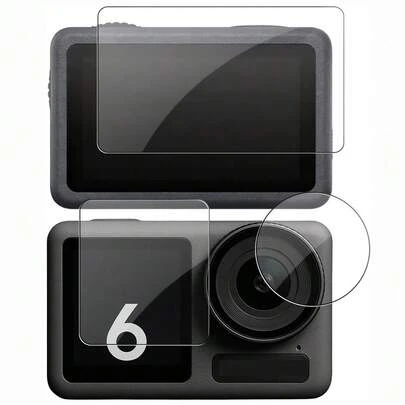3片装钢化玻璃屏幕保护膜，兼容 Osmo Action 3 4 5 Pro 6 LCD 显示屏盖板玻璃膜保护 Action3 Action4 Action5 Pro Action6 镜头玻璃膜副屏保护膜防刮保护膜配件[1+1+1pc]