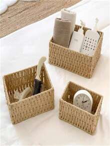1/2/3pcs Natural Woven Storage Baskets, Paper Woven Style, Open Top And Bottom, Farmhouse Decor Desktop Organizer Baskets, Suitable For Storing Cosmetics, Books, Potted Plants, Small Items, Can Be Used As Bedroom, Bathroom Or Living Room Desktop Organizer, Also A Great Gift Basket Choice. - Wood Color - View 2
