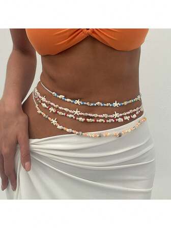 Boho Beach Starfish Conch Waist Chain - Rice Beaded Versatile Body Chain For Women