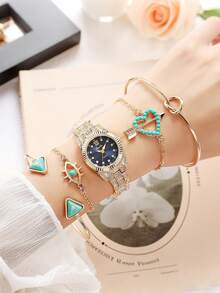 5件套“女士全钻黄金腕表及绿松石元素手链套装：轻奢个性化石英表组合。情人节、圣诞节等节日送礼佳品（不含礼盒）” - 金色 - 查看 7