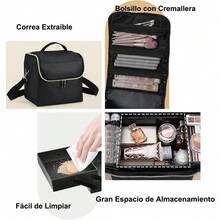 Maletin Maquillaje Grandes Extensibles para Mujeres, Bolsa de Maquillajede Viaje Estuche Organizador de Maquillaje para Viajes, Bandejas Extensibles para Herramientas de Uñas, Joyas(Oro Negro) - Oro negro-3 capas - Ver 2
