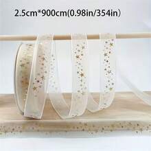 1/5pcs Gold Foil Star Ribbon - 360-Inch Satin Gift Wrapping Rope With Plastic-Covered Gold Stars. Perfect For DIY Crafts, Exquisite Decorations, And Elegant Wrapping. Ideal For Cake Decorating, Ramadan, And Valentine's Day Gift Wrapping. Smooth Texture. - Multicolor - View 8