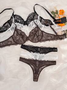 3pcs/Set Women Plus Size Solid Color Lace Wireless Thin Cup Comfortable Bra Set - Multicolor - View 1