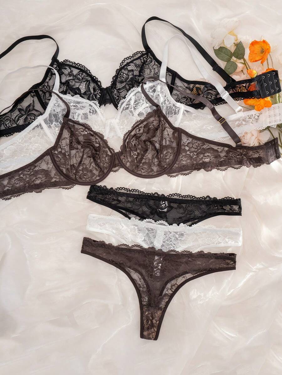 3pcs/Set Women Plus Size Solid Color Lace Wireless Thin Cup Comfortable Bra Set - Multicolor - View 1
