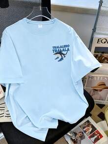 男童鲨鱼标语印花套头衫 圆领短袖 春夏新款男童服装 - 淺藍色 - 查看 4