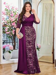 大码优雅V领花卉蕾丝撞色缎面垂褶侧边正式派对长裙，情人节礼服，舞会晚宴婚礼宾客礼服，毕业典礼，春季晚宴 - 紫紅色 - 查看 2